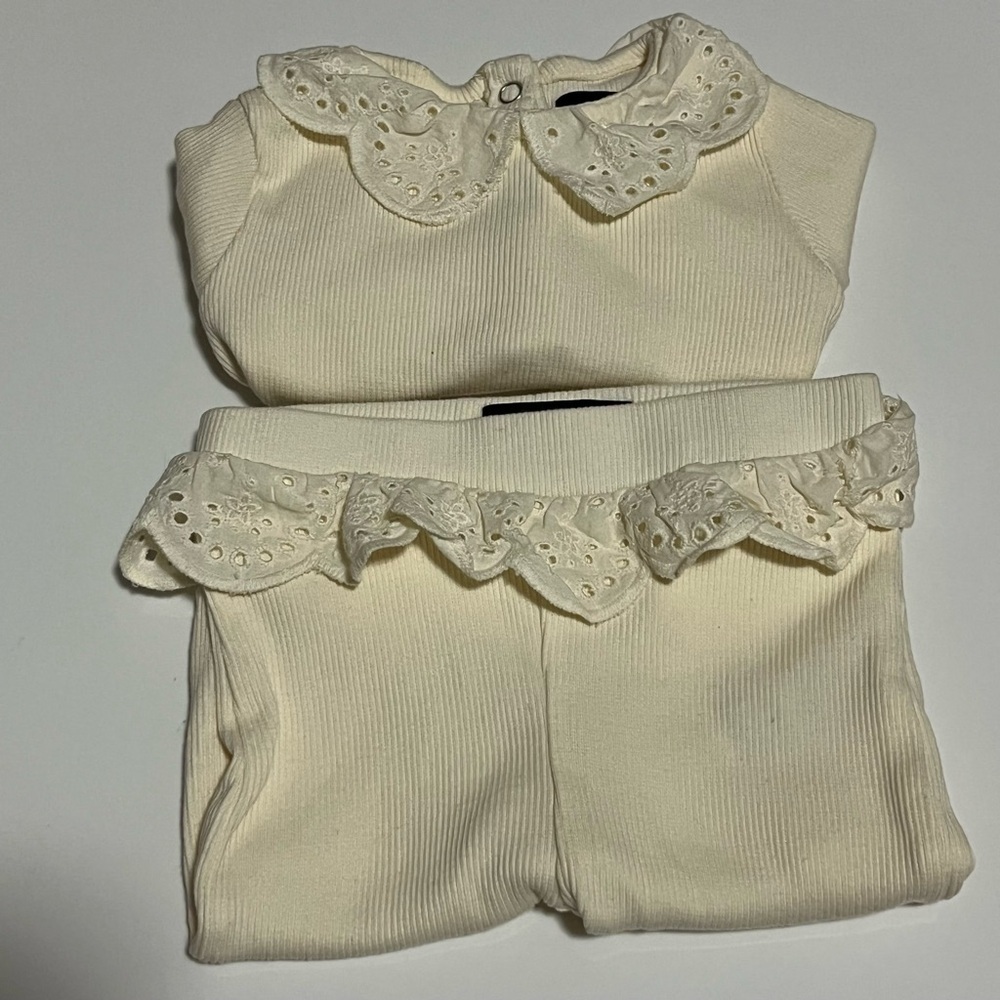 7 For All Mankind Baby Cream Ribbed Set Eyelet Ruffle | 0–3M - Picture 5 of 6